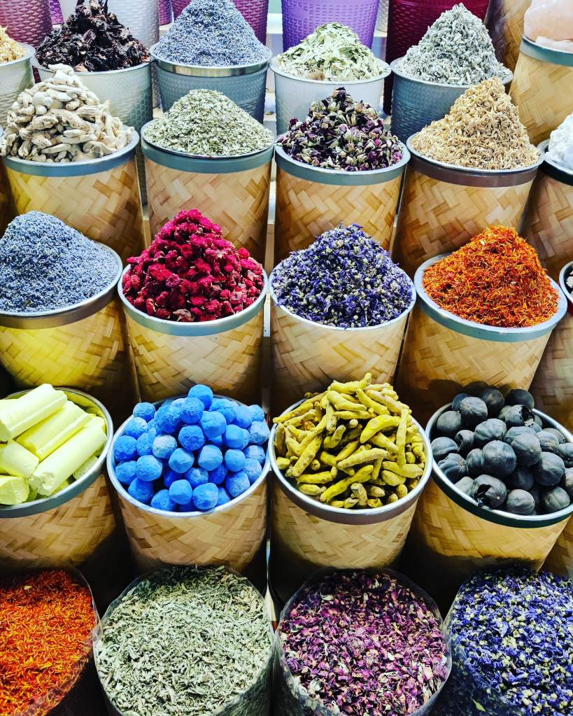 Spices and herbs presented at Dubai Spice Souk.